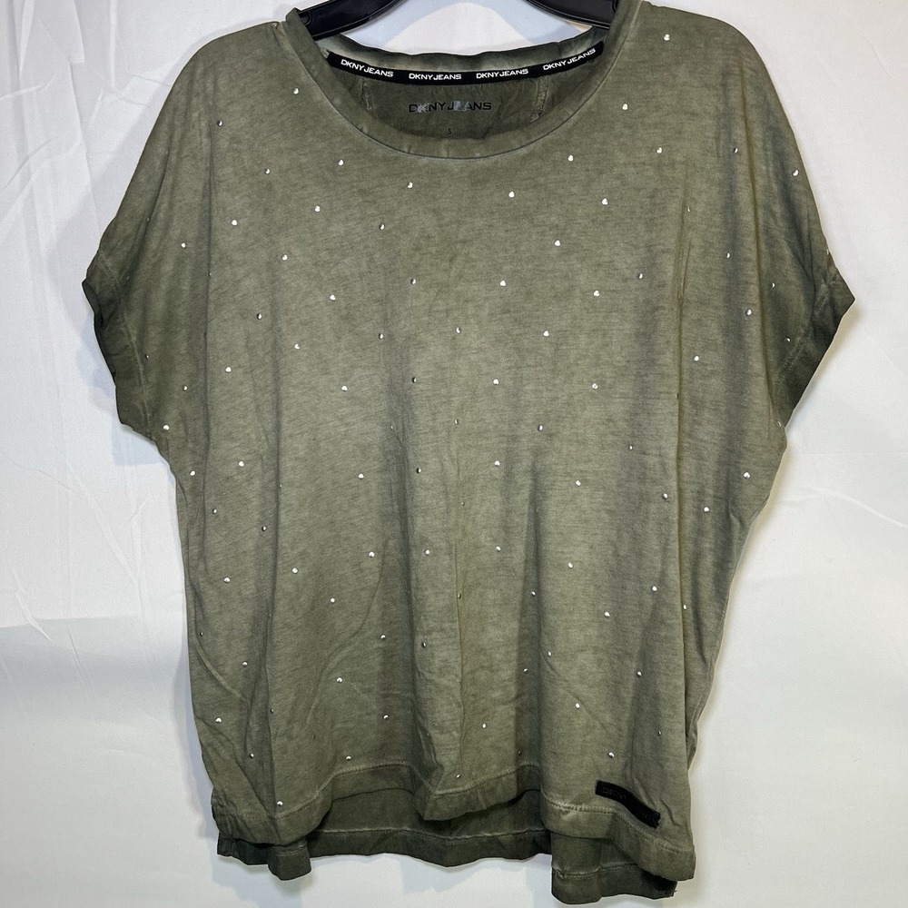 DKNY Womens Crew Neck Silver Paint Bead Embellishment‎ Green T-shirt Size Small